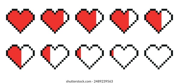 Pixel game life bar. Vector art 8 bit health heart bar. Heart gamer health sign. Pixel icon, vector illustration isolated on white background. Gaming controller, symbols set.