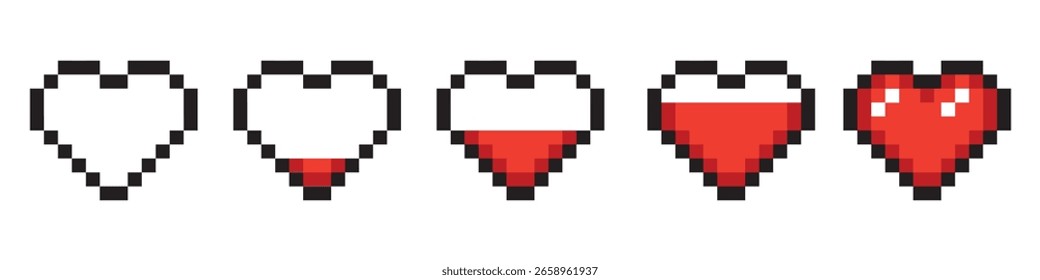 Pixel-Spiel-Life-Bar. Vectorart 8 Bit Gesundheit Herzbar. Gaming-Controller, Symbolsatz