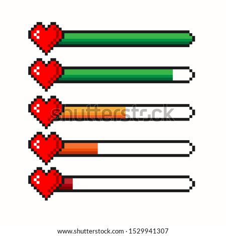 Pixel game life bar. Vector art 8 bit health heart bar. Gaming controller, symbols set.