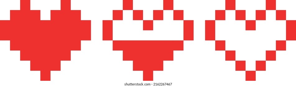 Pixel Game Life Bars Vector Art 3 Bit Health Heart Bars.Gaming controls, Symbols set.