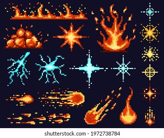Pixel game light effects. Bright flash, light flares, sparkler, energy sparks and fire light symbols vector illustration set. Games ui light effects. Fire effect pixel game graphic, video design old