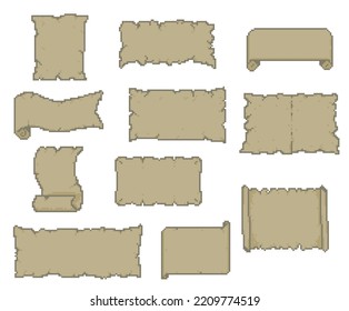 Pixel game manuscript ribbons and scrolls, vector game asset with cubic pattern. Old parchment or 8 bit paper and papyrus rolls, blank medieval treasure map with worn edges for game text box