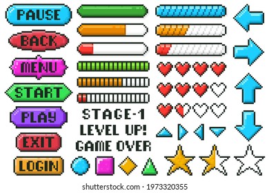 Pixel game menu buttons. Game 8 bit ui controller arrows, level and live bars, menu, stop, play buttons vector illustration set. Gaming menu buttons. Game interface pixel, gui 8-bit graphic