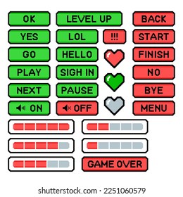 Pixel game menu buttons. Game 8 bit ui controller level and live bars, menu, stop, play buttons. Vector illustration isolated on white background. Vektor illustration set