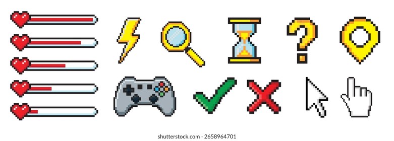 Pixel-Spiel-Menü-Tasten. Spiel 8 bit ui controller pfeile, level und live bars, menu, stop, play buttons vektor illustration satz. Gaming-Menüschaltflächen. Game Interface Pixel, GUI 8-Bit Grafik.