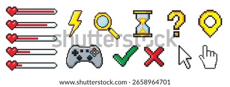 Pixel game menu buttons. Game 8 bit ui controller arrows, level and live bars, menu, stop, play buttons vector illustration set. Gaming menu buttons. Game interface pixel, gui 8-bit graphic.
