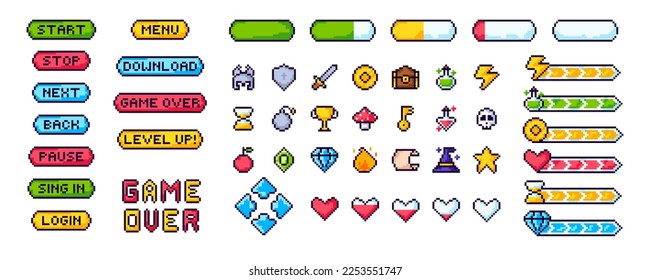 Pixel game menu resources, level, live bars and buttons. Game interface, pixelated life bar and menu button, game controller arrows, pixel art gaming magic items, button 8 bit pixel.  svg