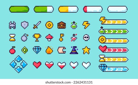 Pixel game menu resources, level and buttons. Game pixel progress bar, 8-bit indicators of health and stamina, money or energy. Pixelated  game controller arrows.