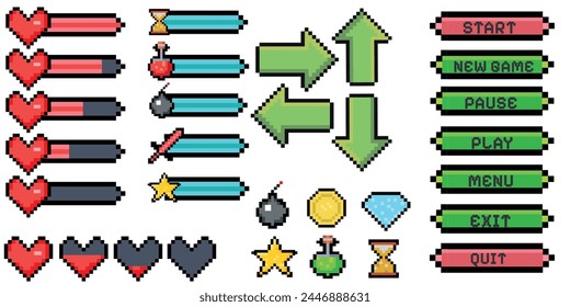 Pixel game menu resources, level, live bars and buttons. Game interface, pixelated life bar and menu button, game controller arrows, pixel art gaming magic items, button 8 bit pixel