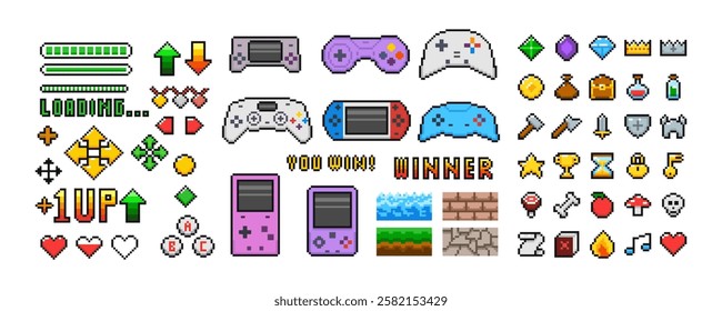 Pixel game menu resources, level, live bars and buttons. Game interface, pixelated life bar and menu button, game controller arrows, pixel art gaming magic items, button 8 bit pixel.