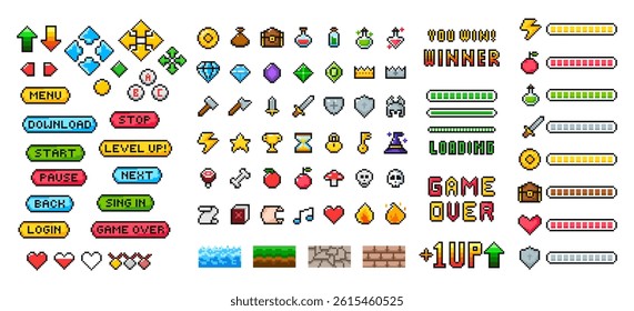 Pixel game menu resources, level, live bars and buttons. Game interface, pixelated life bar and menu button, game controller arrows, pixel art gaming magic items, button 8 bit pixel.