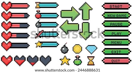 Pixel game menu resources, level, live bars and buttons. Game interface, pixelated life bar and menu button, game controller arrows, pixel art gaming magic items, button 8 bit pixel