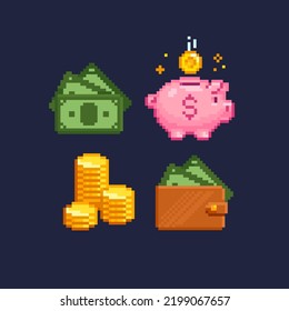 Pixel Game Money saving icons. Piggy Bank with gold coin. Cash Money sign. Wallet with banknotes. Pixel Art Piggy Bank icon. Accumulate money concept  in 8-bit retro game 80s - 90s style