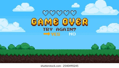 Pixel game over background. Retro 8 bit video games screen with empty hearts. Arcade interface landscape with choice buttons and score information. Vector concept banner.