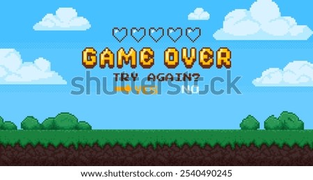 Pixel game over background. Retro 8 bit video games screen with empty hearts. Arcade interface landscape with choice buttons and score information. Vector concept banner.