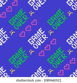 Pixel game over and hearts pattern/ Seamless vector background