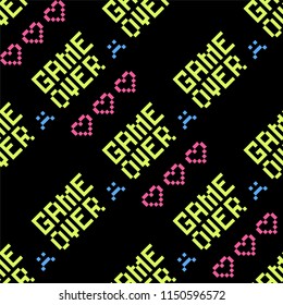 Pixel game over and hearts pattern/ Seamless vector background