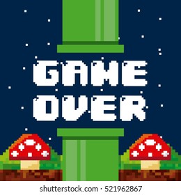 pixel game over interface with fungus icons. colorful design. vector illustration