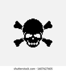 Pixel Game Over Sign. Video Game Death Message Screen with Skull and Bones Icon. Pirate Skull 8 Bit Pixel Art Retro Vector Illustration.
