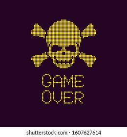Pixel Game Over Sign. Video Game Death Message Screen with Skull and Bones Icon. Pirate Skull 8 Bit Pixel Art Retro Vector Illustration.