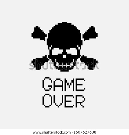 Pixel Game Over Sign. Video Game Death Message Screen with Skull and Bones Icon. Pirate Skull 8 Bit Pixel Art Retro Vector Illustration.