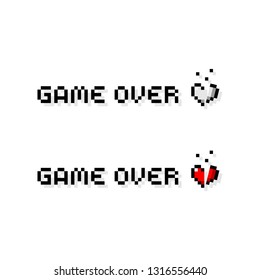 Pixel game over text with heart icon set - isolated vector illustration