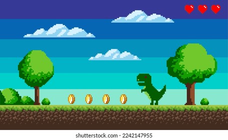 Pixel game, a picture that represents the location in the game, coins and health, trees and bushes, sky and clouds. Vector illustration EPS 10.