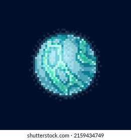 Pixel Game Planet Of Solar System Isolated Blue And Green Sphere 8 Bit Game Element. Vector Discovery Of Globe Universe, Galaxy, Outer Space Body. 2 Or 4 Bit Round Sphere Circle, Alien World Design