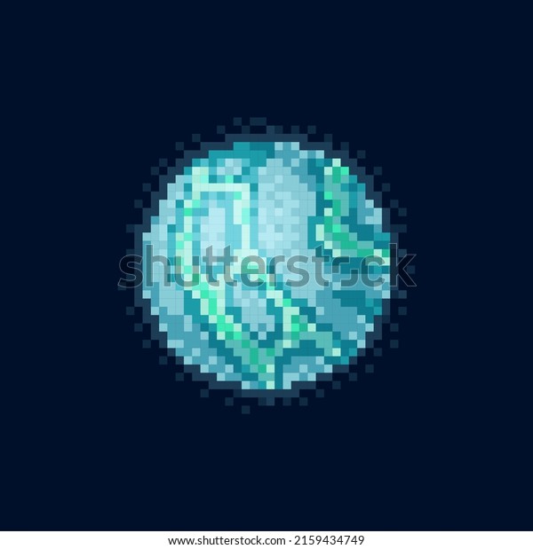 Pixel game planet of solar system isolated blue\
and green sphere 8 bit game element. Vector discovery of globe\
universe, galaxy, outer space body. 2 or 4 bit round sphere circle,\
alien world design