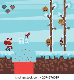 pixel game platform interface, winter, santa claus, adventure and level, pixel nature for games. Vector