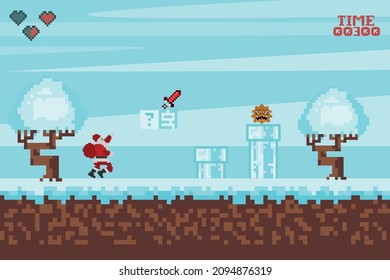 pixel game platform interface, winter, santa claus, adventure and level, pixel nature for games. Vector