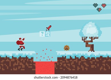 pixel game platform interface, winter, santa claus, adventure and level, pixel nature for games. Vector