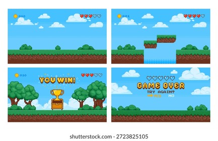 Pixel juego. Fondo de arte retro de 8 bits. Video Escena del juego, pantalla del ordenador con la nube, árbol, arbusto. Arcade ganar y perder juego con el pecho y el tesoro. Conjunto de Vector de concepto de consola.