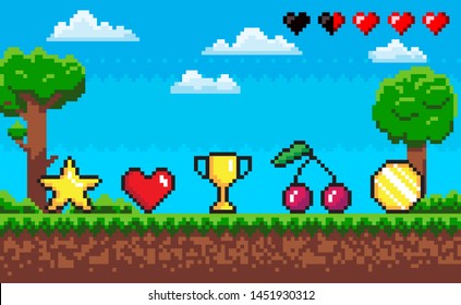 Pixel game scene vector, icons laying on ground. Tree and grass, trophy and heart, star and cherry, coin point score, meadow with sky and life scale, pixelated objects for video-game