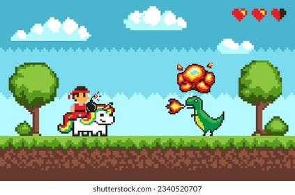 Pixel game scene. Vector illustration. Pixelated hero on unicorn fight with dragon monster with fire. Old style 8bit pixel game with bright landscape. 8-bit adventure video-game. Pixel art style