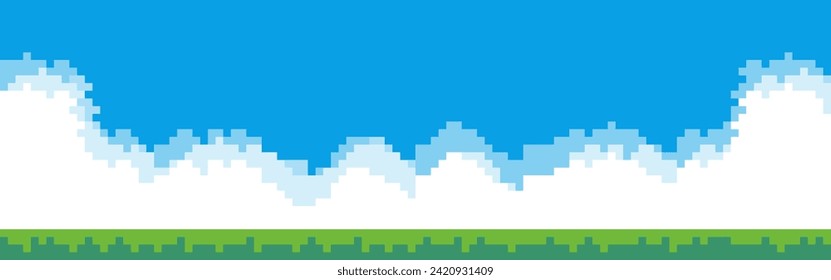 Pixel game screen background vector Pixel sky and ground.