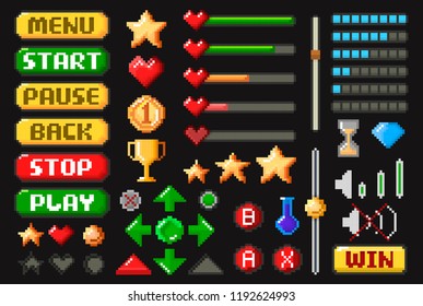 Pixel game screen element set on black. Pixel, pel, dots, or picture elements collection for gaming. Vector flat style cartoon illustration isolated on dark background