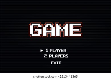 Pixel game screen. Retro 8 bit video game with " GAME "text, computer game background. Vector pixel art illustration