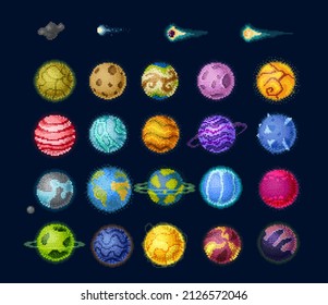 Pixel game space planets and stars, asteroids and comets. Vector 8bit solar system and fantasy objects, retro graphic. Sci-fi astronomical colorful planets, meteors and stars in galaxy isolated set
