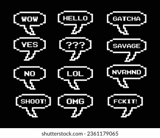 Juego de píxeles Colección de burbujas de voz conjunto salvaje vectorial de mosaico, OMG, wow, comunicación de chat, voz de mensaje editable