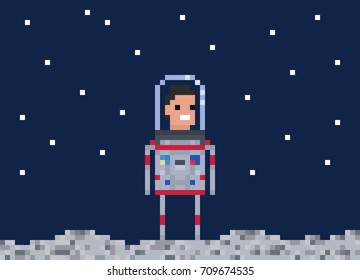 Pixel game style illustration, 8-bit astronaut character. Cosmonaut vector in outer space. pixel art design. Smiling spaceman in spacesuit on Moon surface among the stars in dark sky.