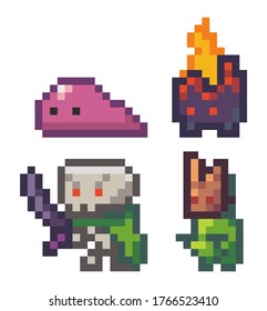 Pixel game style. Slime, burning monster, skeleton with sword, monster in mask isolated at white background. Pixelated npc in mobile game. World of 8-bit game, graphics in 80s style, attacking monster