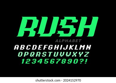 Pixel game style speed font,  alphabet letters and numbers vector illustration