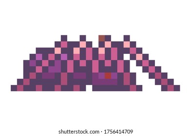 Pixel game style. Violet spider isolated at white background. Pixelated monster npc in mobile game. World of 8-bit game, graphics in 80s style, danger for hero, attacking monster. Web vector icon