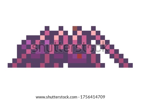 Pixel game style. Violet spider isolated at white background. Pixelated monster npc in mobile game. World of 8-bit game, graphics in 80s style, danger for hero, attacking monster. Web vector icon