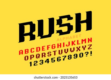 Pixel game stylized speed font, alphabet letters and numbers vector illustration svg