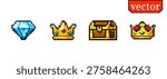 Pixel game treasure icons with diamond crown chest and retro arcade videogame elements