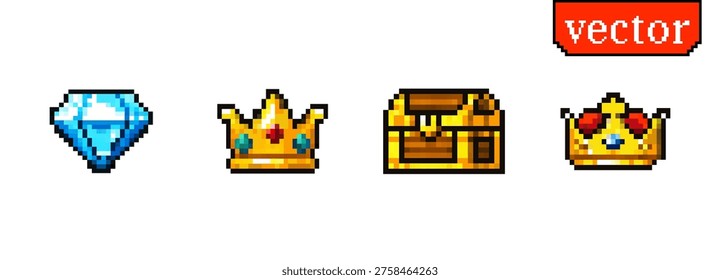 Pixel game treasure icons with diamond crown chest and retro arcade videogame elements