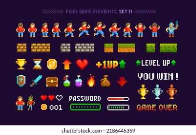 Pixel Game trophy cups,  medals with loot icons and elements for arcade design. Level up with character animation game design. Retro 80s - 90s style video game sprites. Pixel Art Vector template