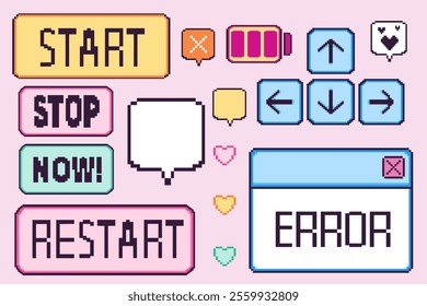 Pixel game UI elements kit. control buttons including start, stop, restart options, direction arrows, battery indicator, text message frames, colorful heart icons for retro style interface design.